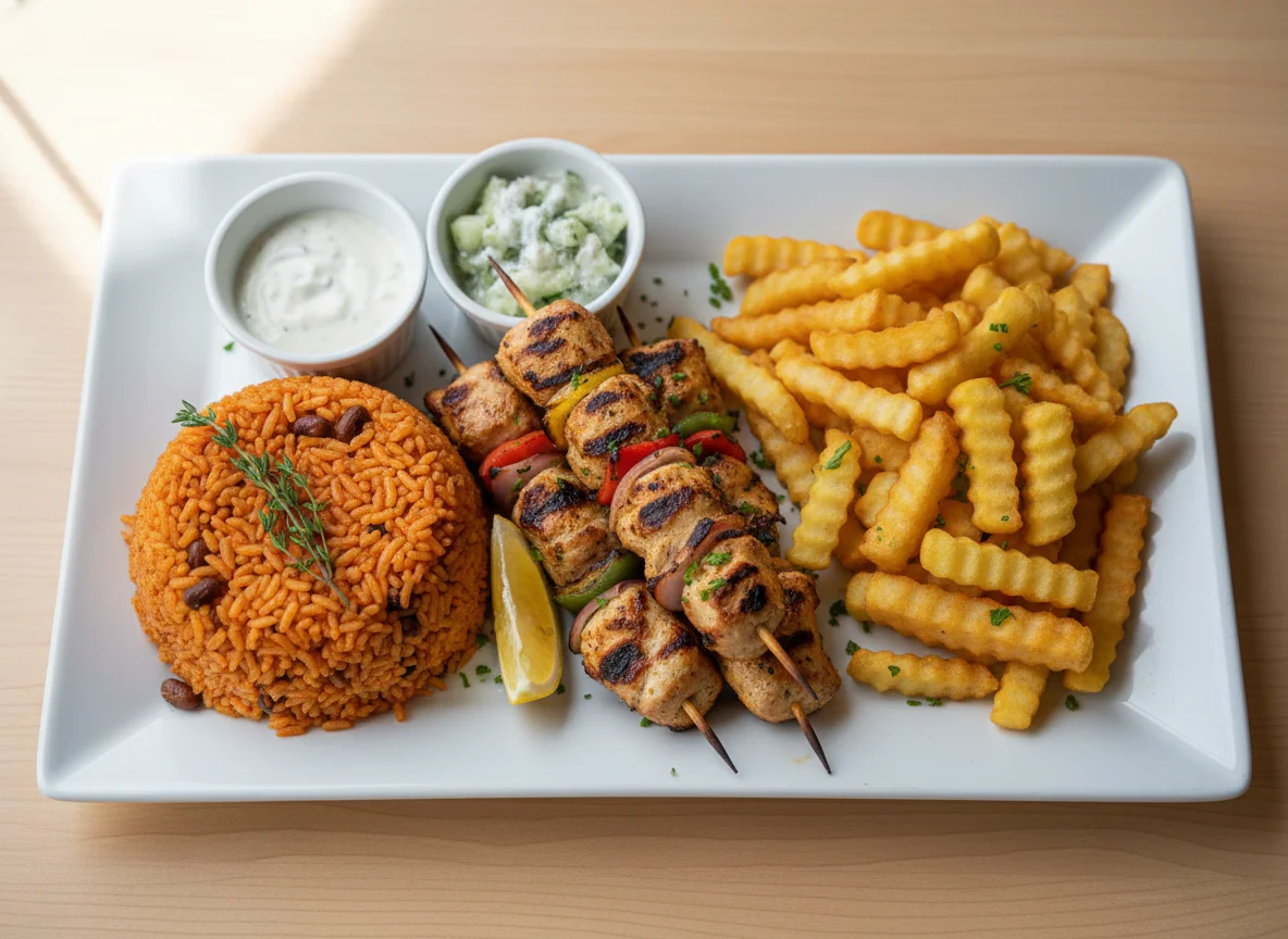 Chicken Skewers with Rice and Chips photo