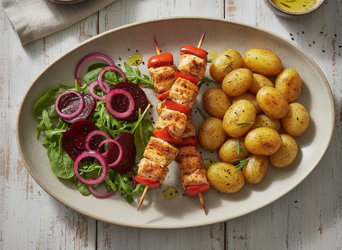 Chicken Skewers with Roasted Potatoes and Beetroot Salad photo