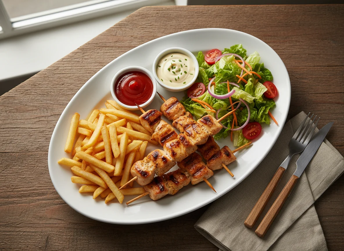 Chicken Skewers with Salad and Sauce photo