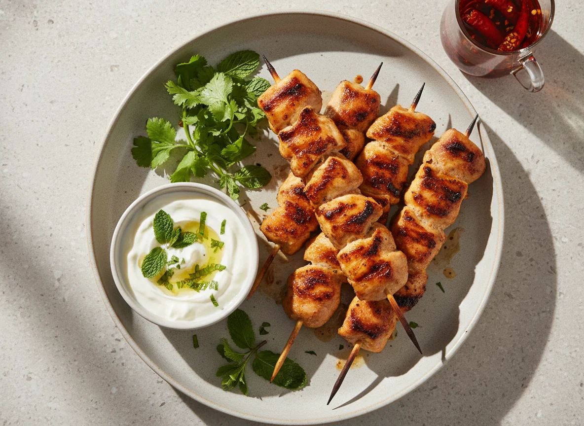 Chicken Skewers with Sauces and Herbs photo