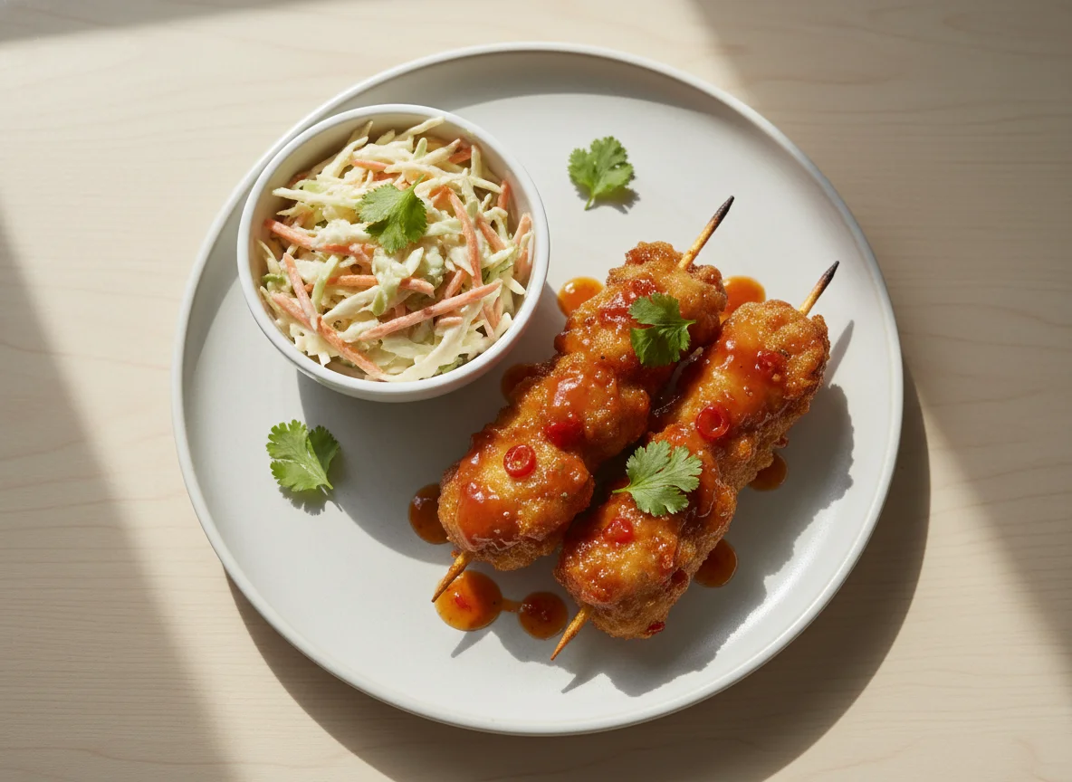 Chicken Skewers with Sweet Chilli Sauce and Coleslaw photo