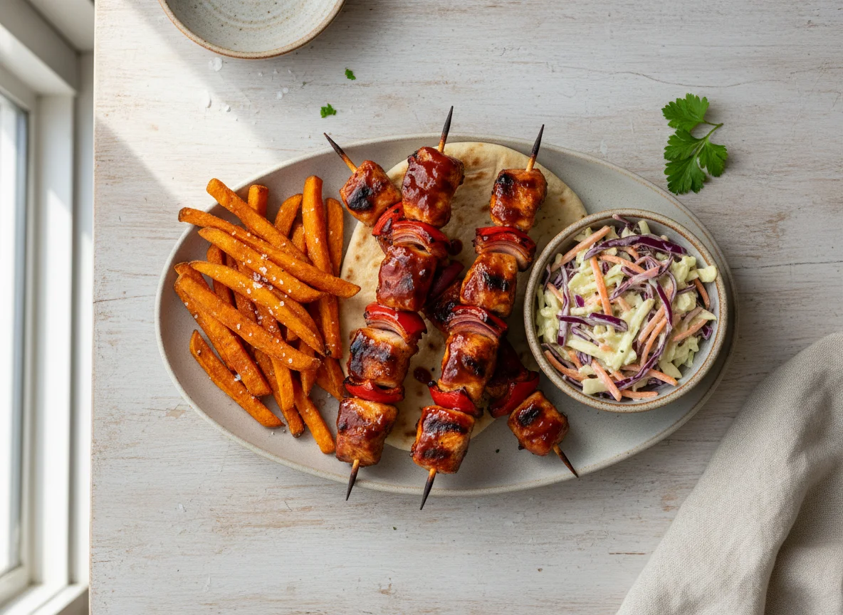 Chicken Skewers with Sweet Potato Fries and Coleslaw photo