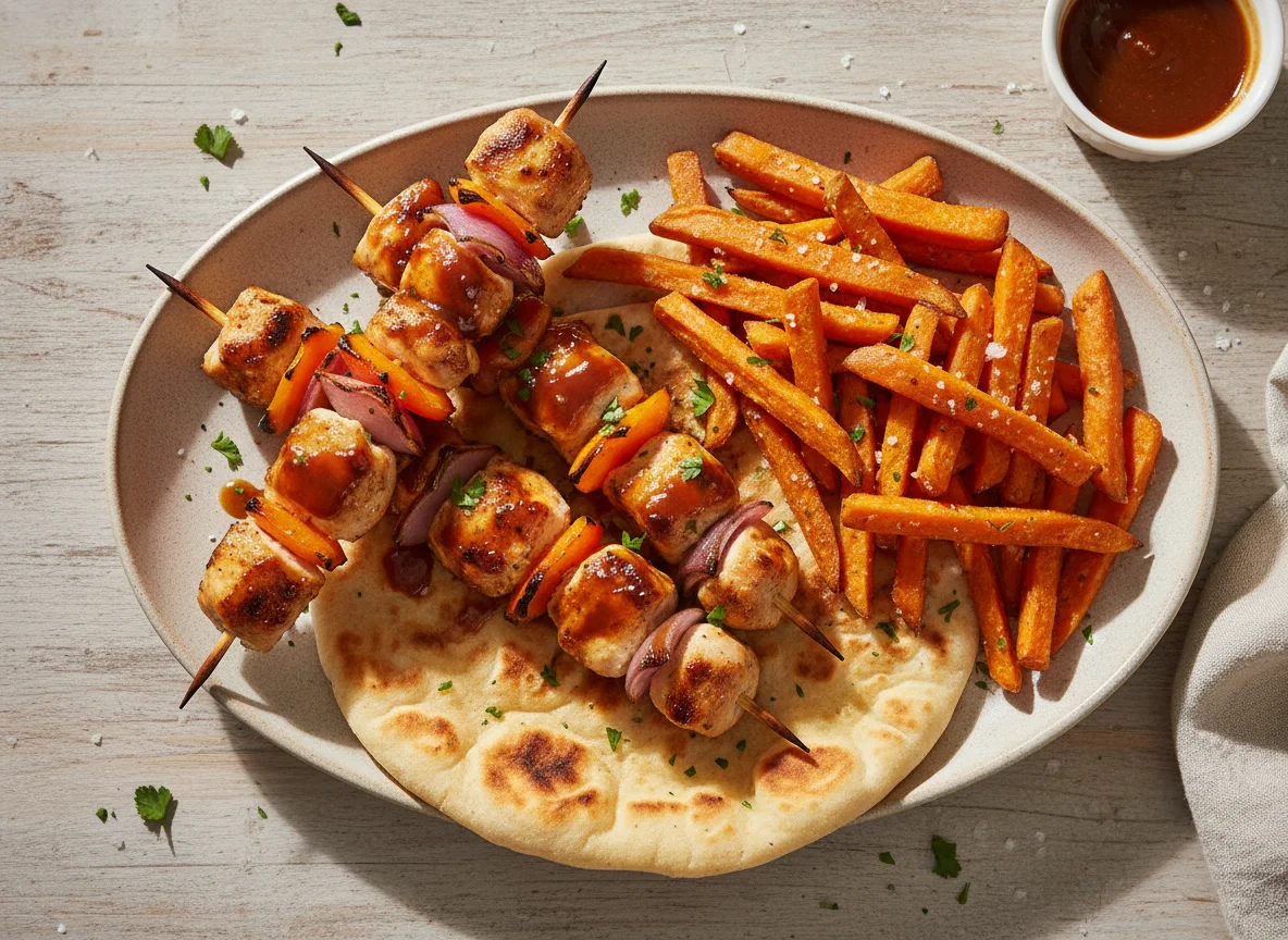 Chicken Skewers with Sweet Potato Fries and Flatbread photo