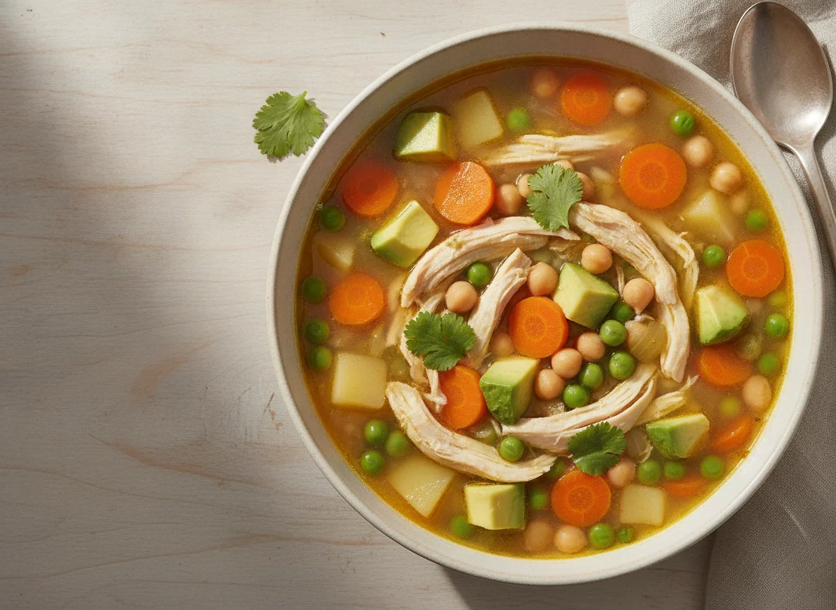 Chicken soup with avocado and vegetables photo