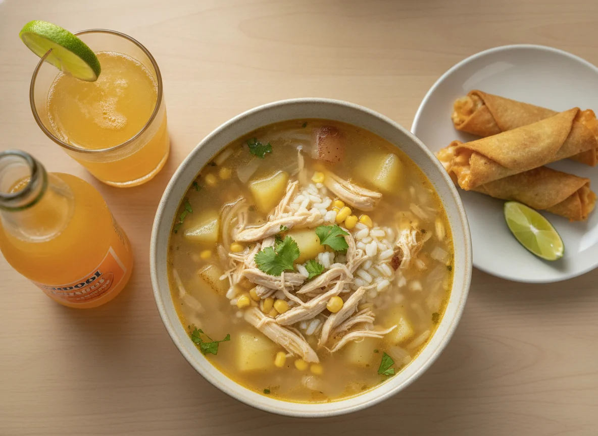 Chicken Soup with Cheese Taquitos and Orange Soda photo