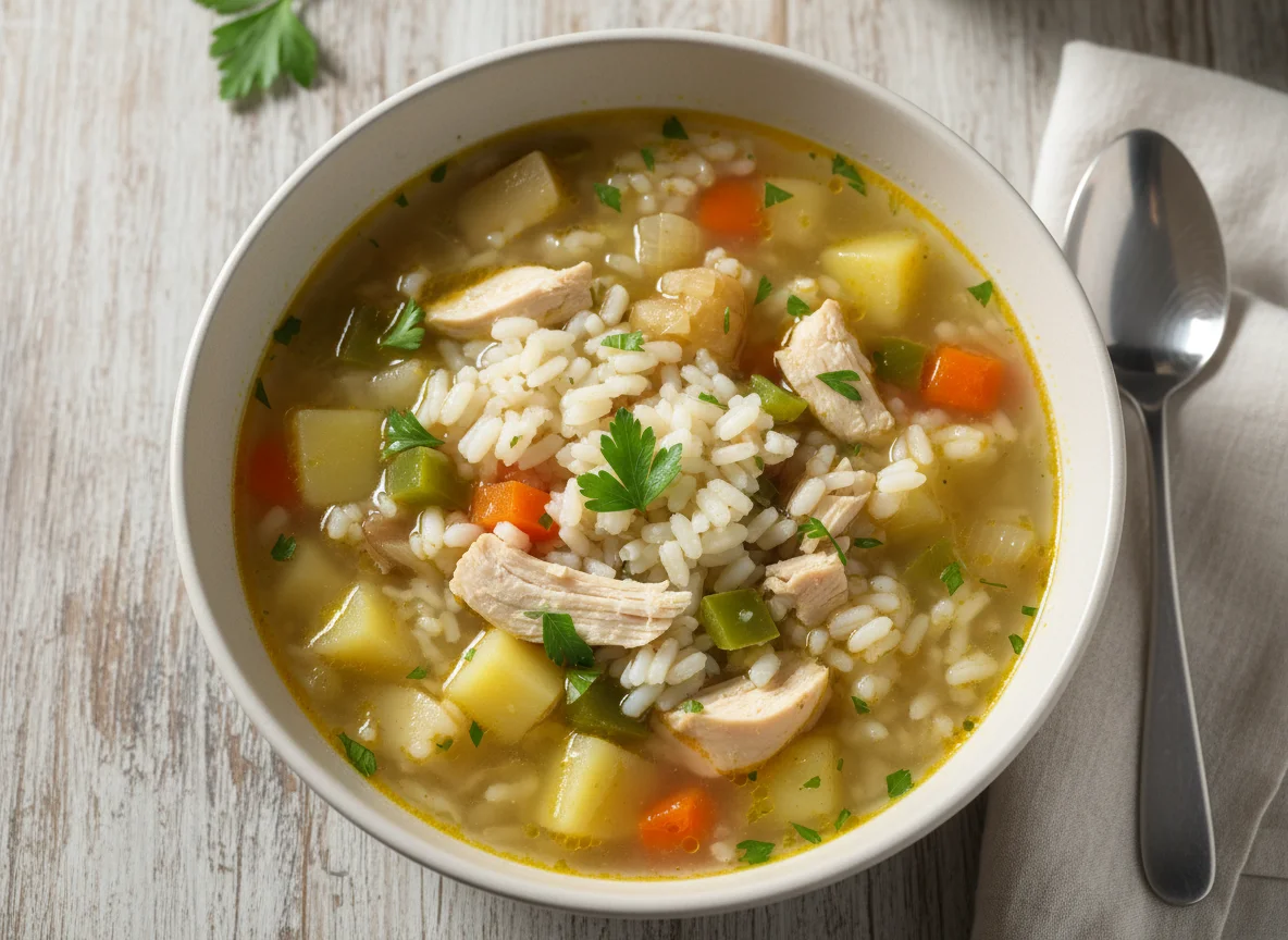Chicken soup with rice photo