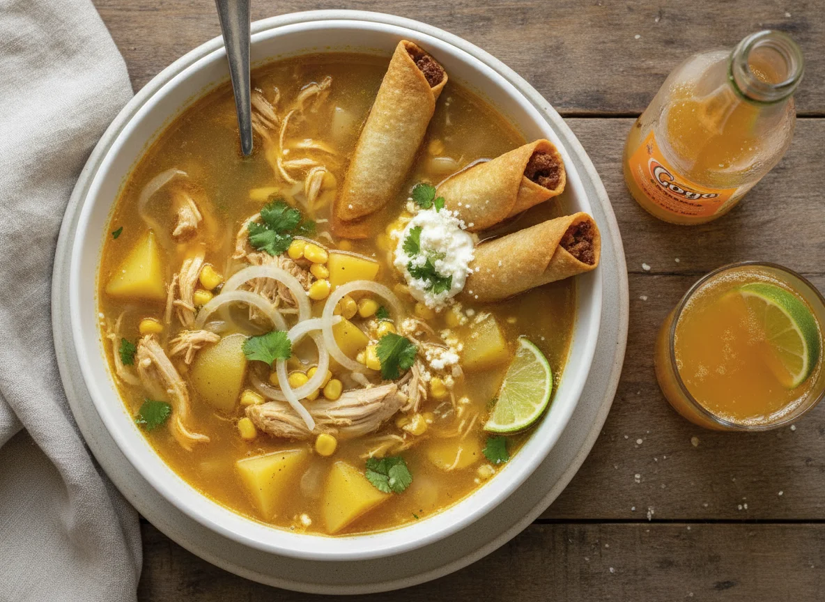 Chicken Soup with Taquitos and Orange Soda photo