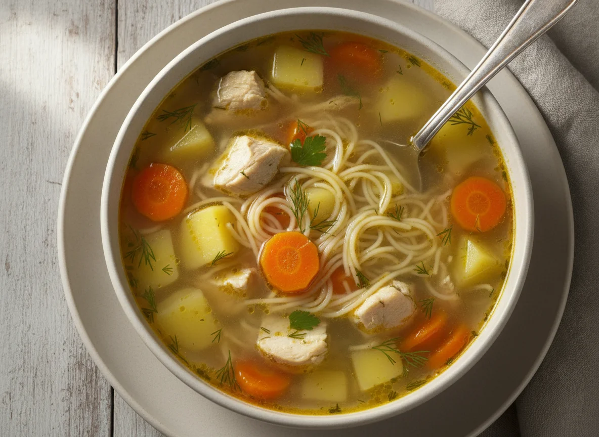 Chicken soup with vegetables photo