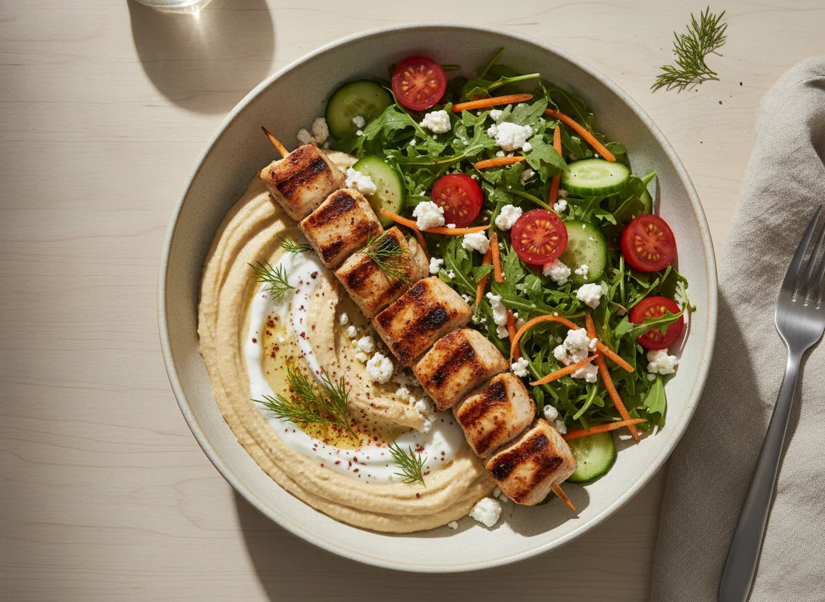 Chicken Souvla Bowl with Hummus and Salad photo