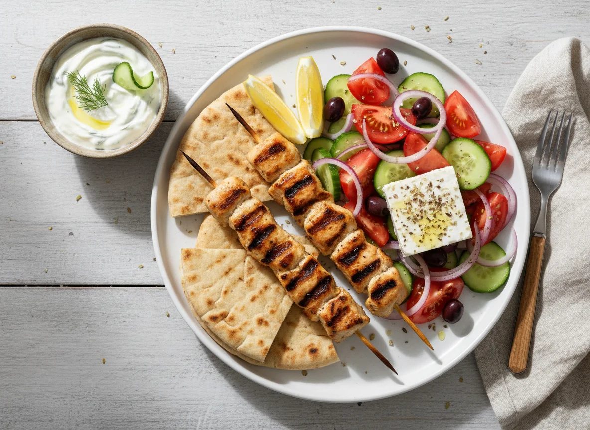 Chicken Souvlaki Plate with Greek Salad and Tzatziki photo