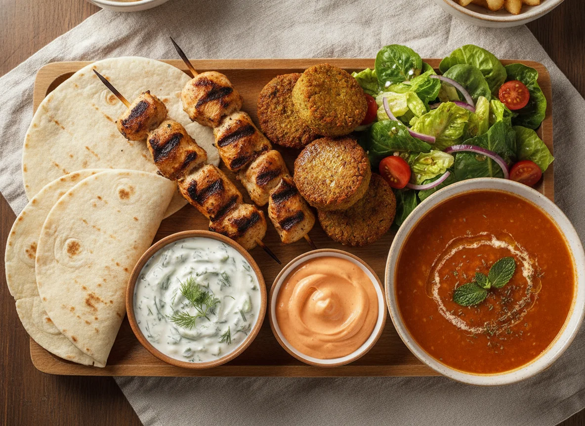 Chicken Souvlaki Platter with Falafel and Lentil Soup photo
