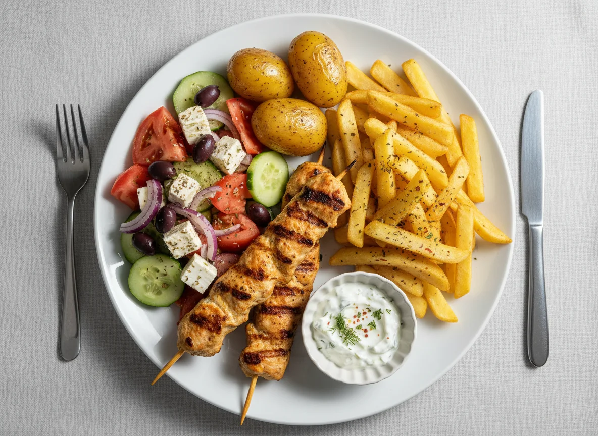 Chicken Souvlaki Platter with Greek Salad and Fries photo