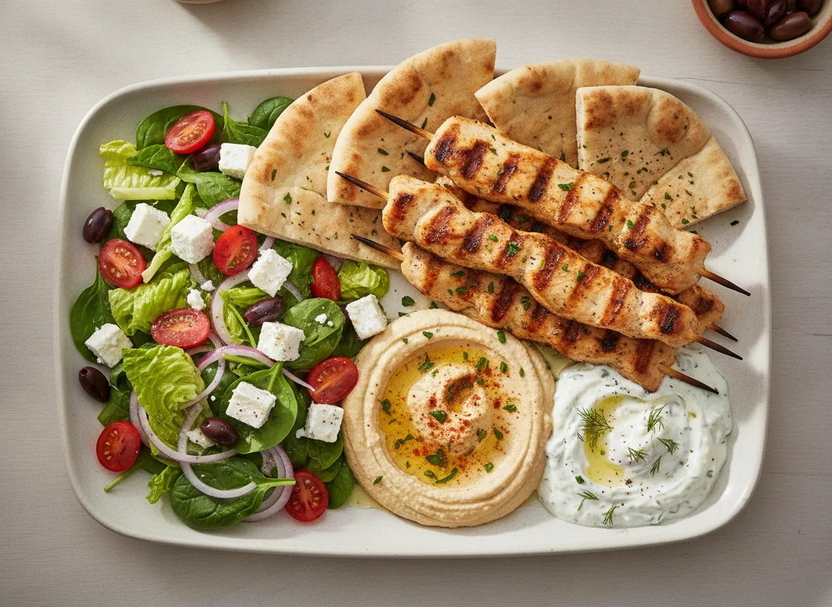 Chicken Souvlaki Platter with Hummus and Greek Salad photo