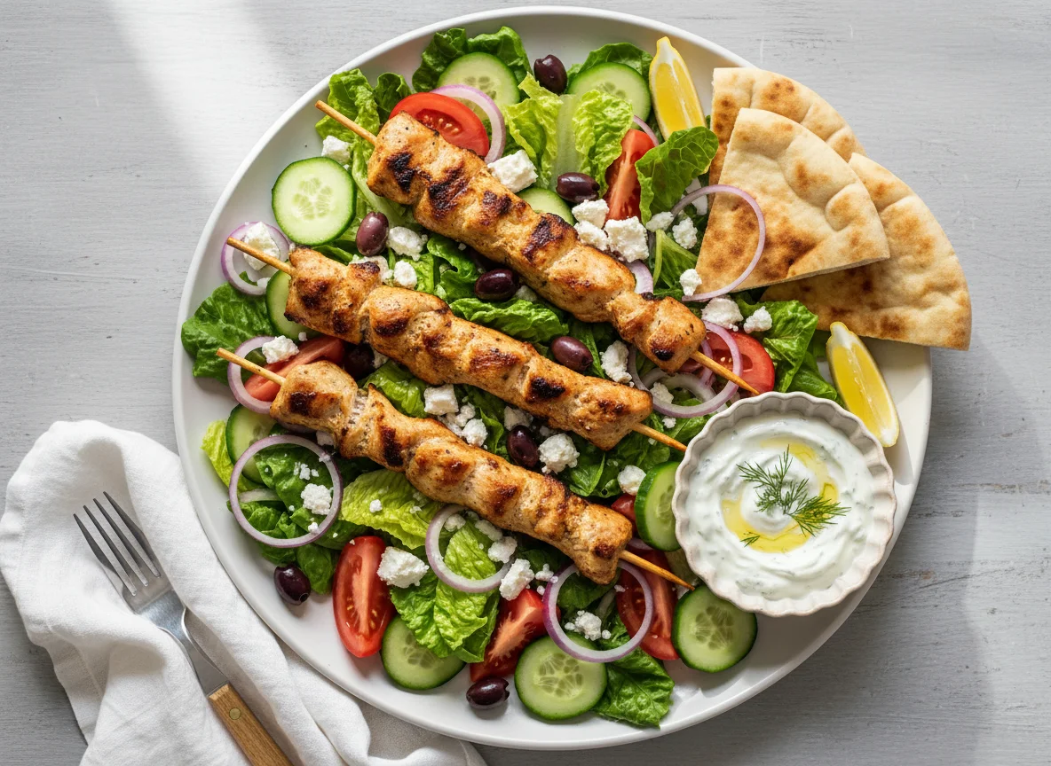 Chicken Souvlaki Salad with Pita and Tzatziki photo