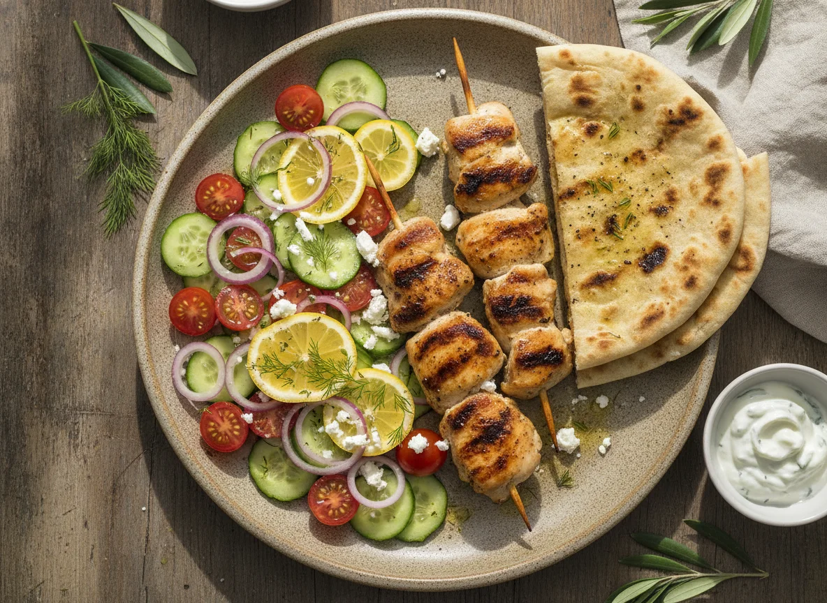 Chicken Souvlaki with Flatbread and Salad photo
