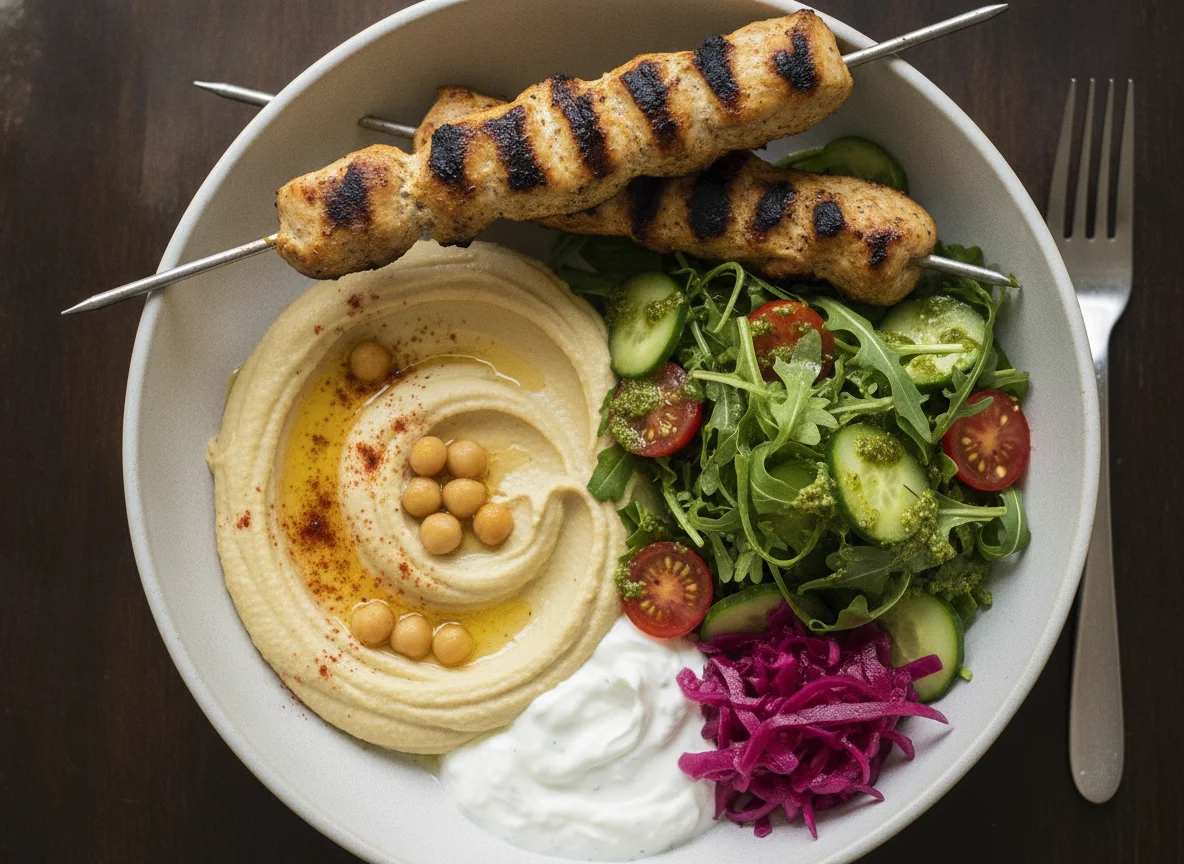 Chicken Souvlakia Bowl with Hummus and Salad photo
