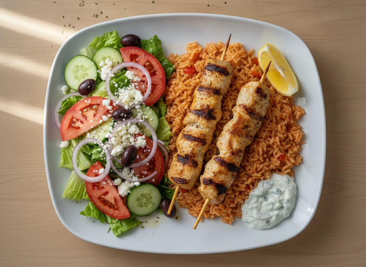 Chicken Souvlakia with Rice and Greek Salad photo
