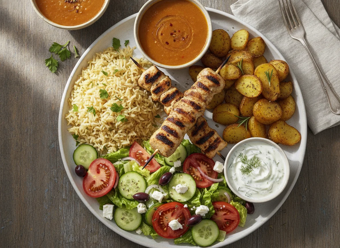Chicken Souvlakia with Rice, Potatoes, Greek Salad, and Lentil Soup photo