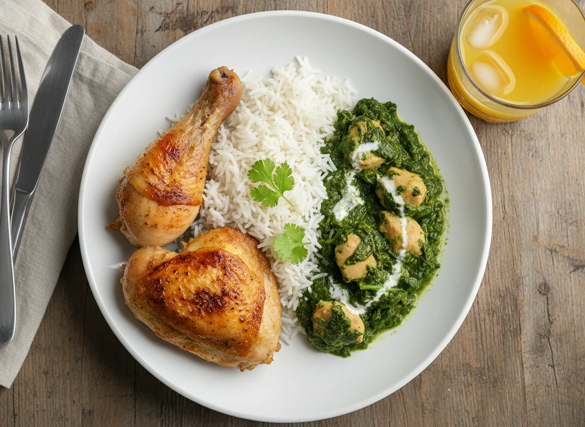 Chicken, Spinach Curry and Rice with Orange Juice photo