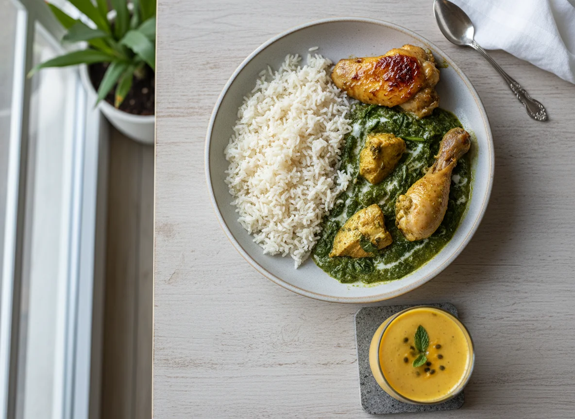 Chicken, Spinach Curry, Rice and Smoothie Meal photo