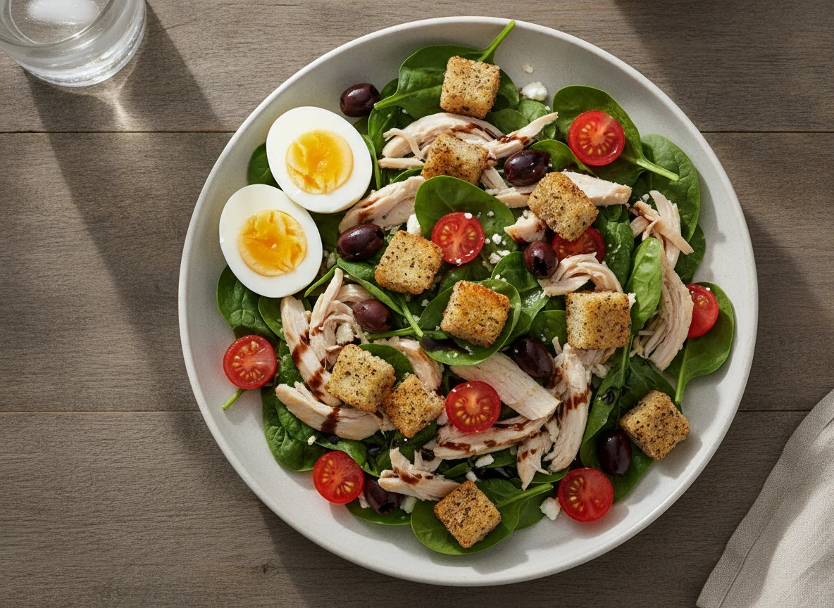 Chicken Spinach Salad with Hard Boiled Eggs and Croutons photo