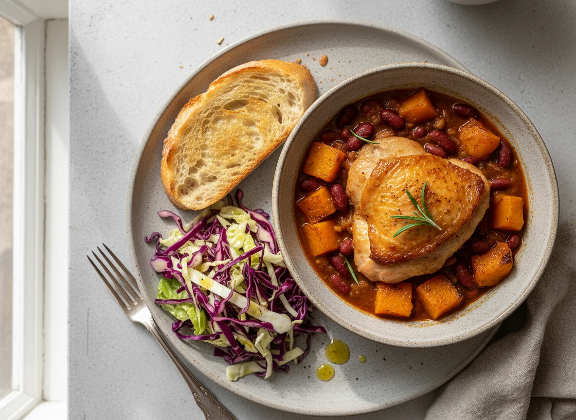 Chicken Stew with Beans, Pumpkin, and Cabbage Salad photo