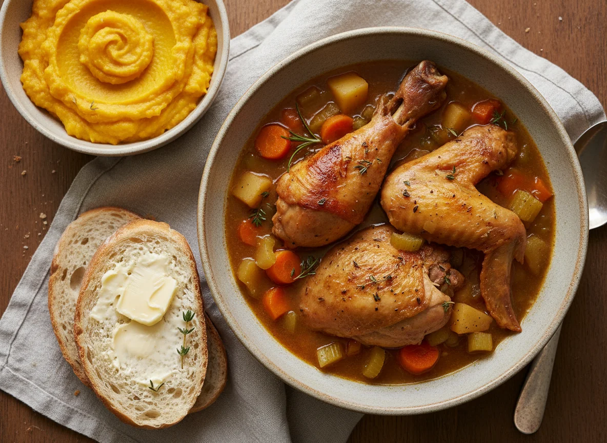Chicken Stew with Bread and Butternut Mash photo