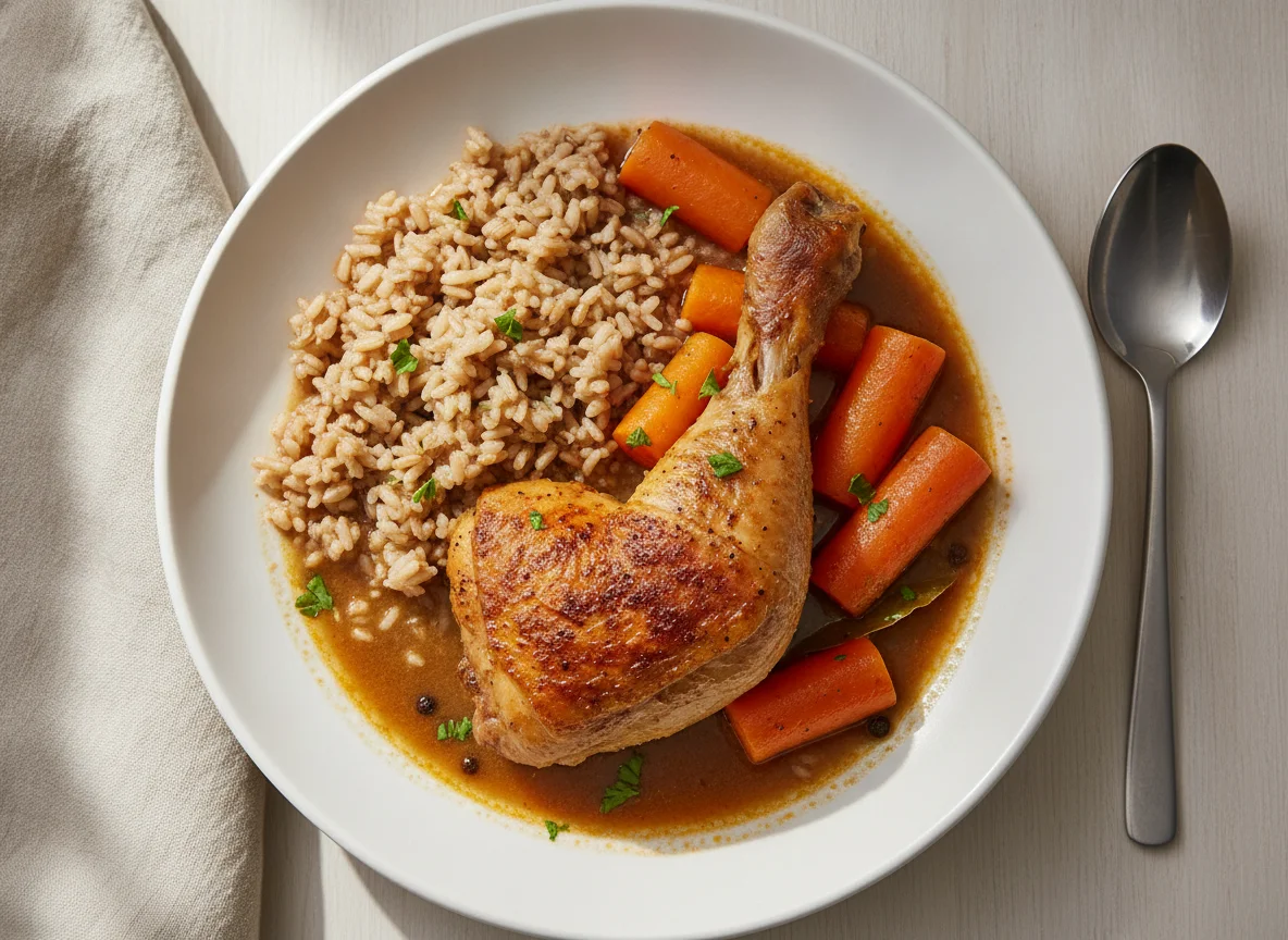 Chicken stew with brown rice and carrots photo