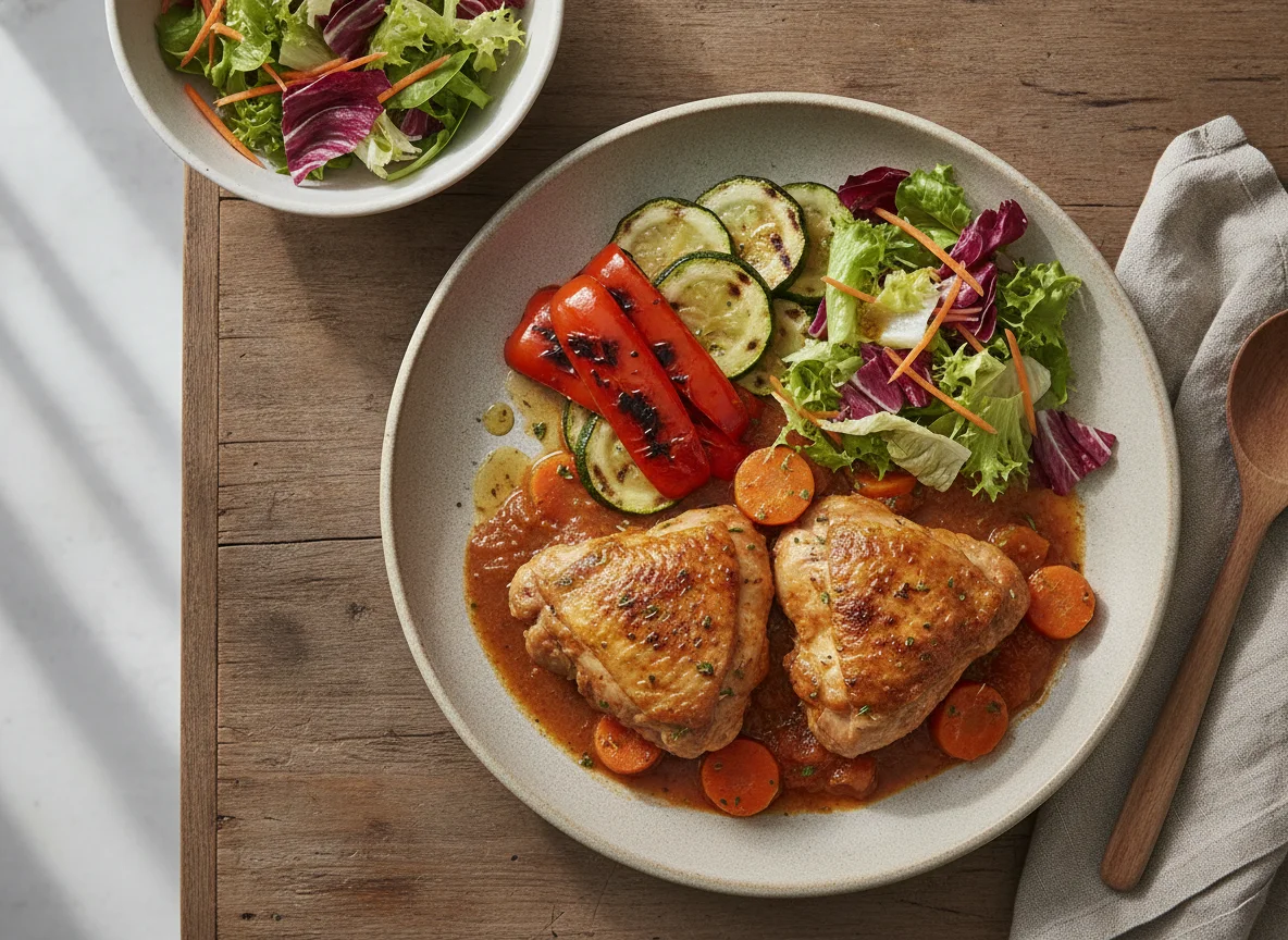 Chicken stew with grilled vegetables and side salad photo