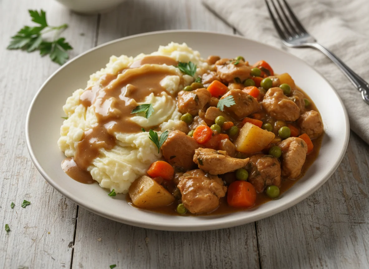 Chicken stew with mashed potatoes and gravy photo