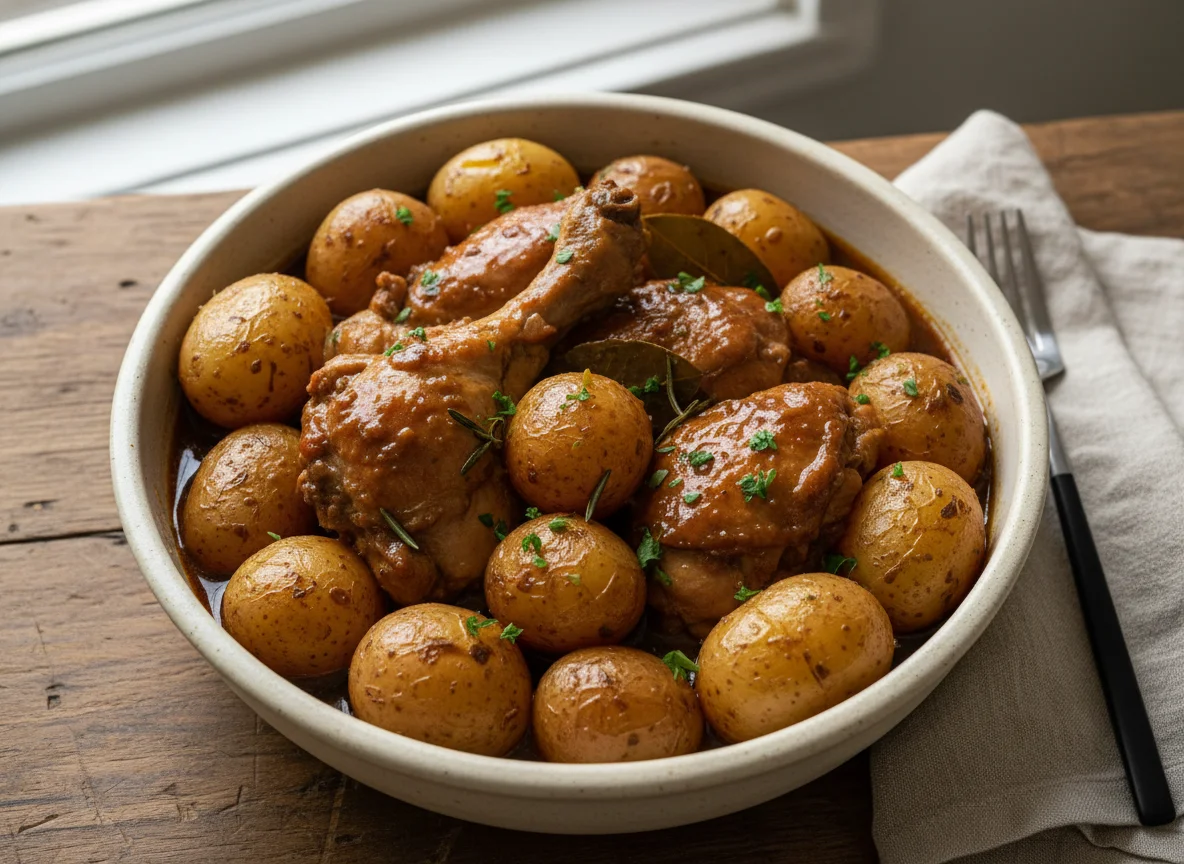 Chicken stew with potatoes and sauce photo
