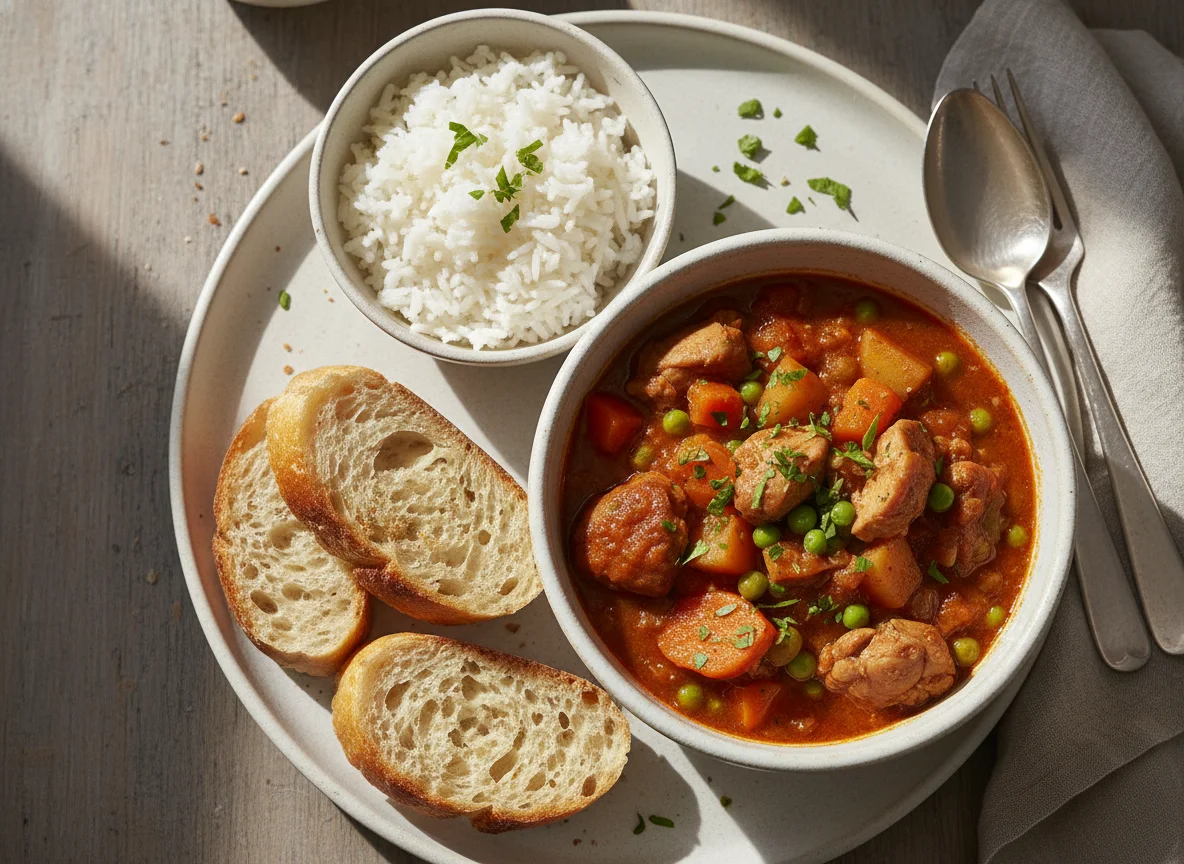 Chicken Stew with Rice and Baguette photo
