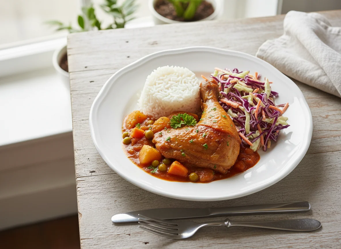 Chicken stew with rice and cabbage salad photo