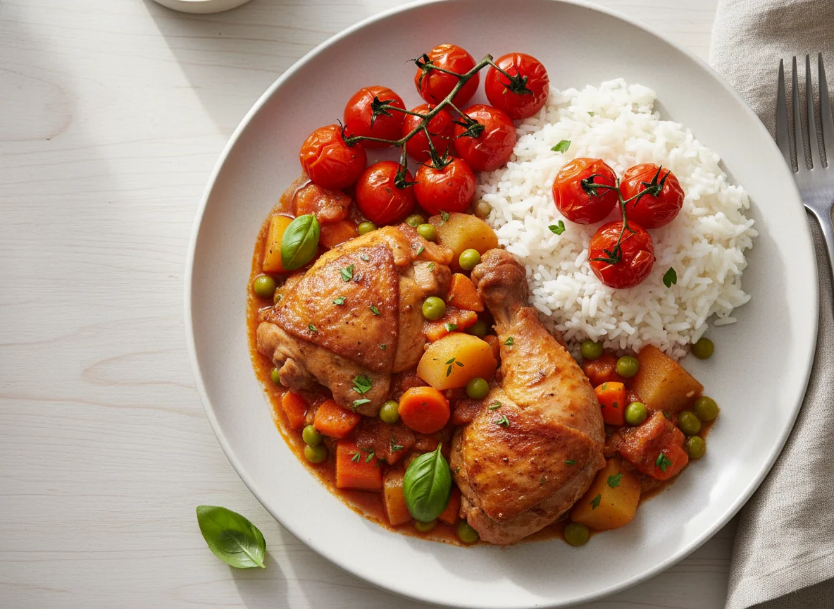 Chicken stew with rice and cherry tomatoes photo