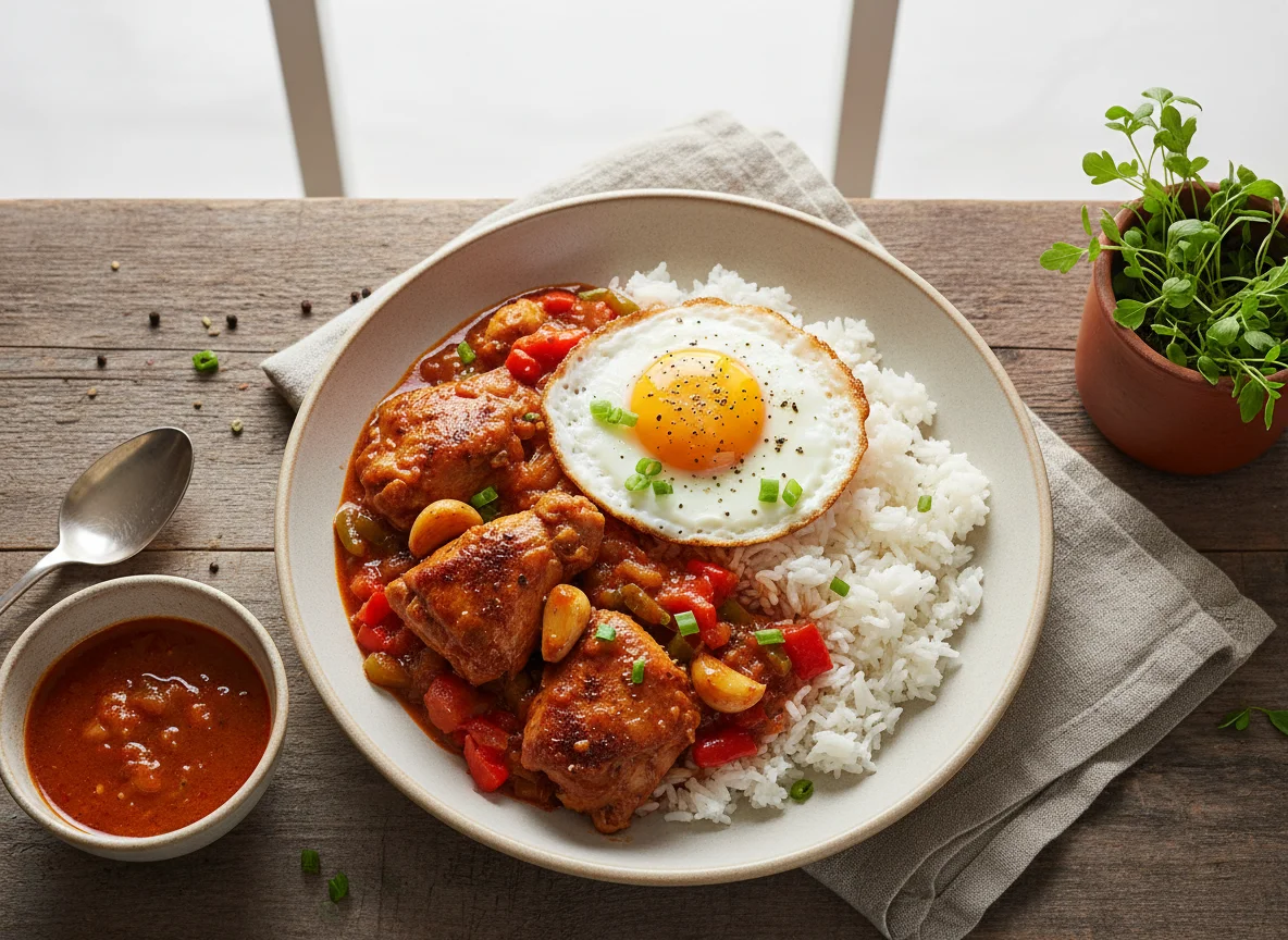 Chicken Stew with Rice and Fried Egg photo