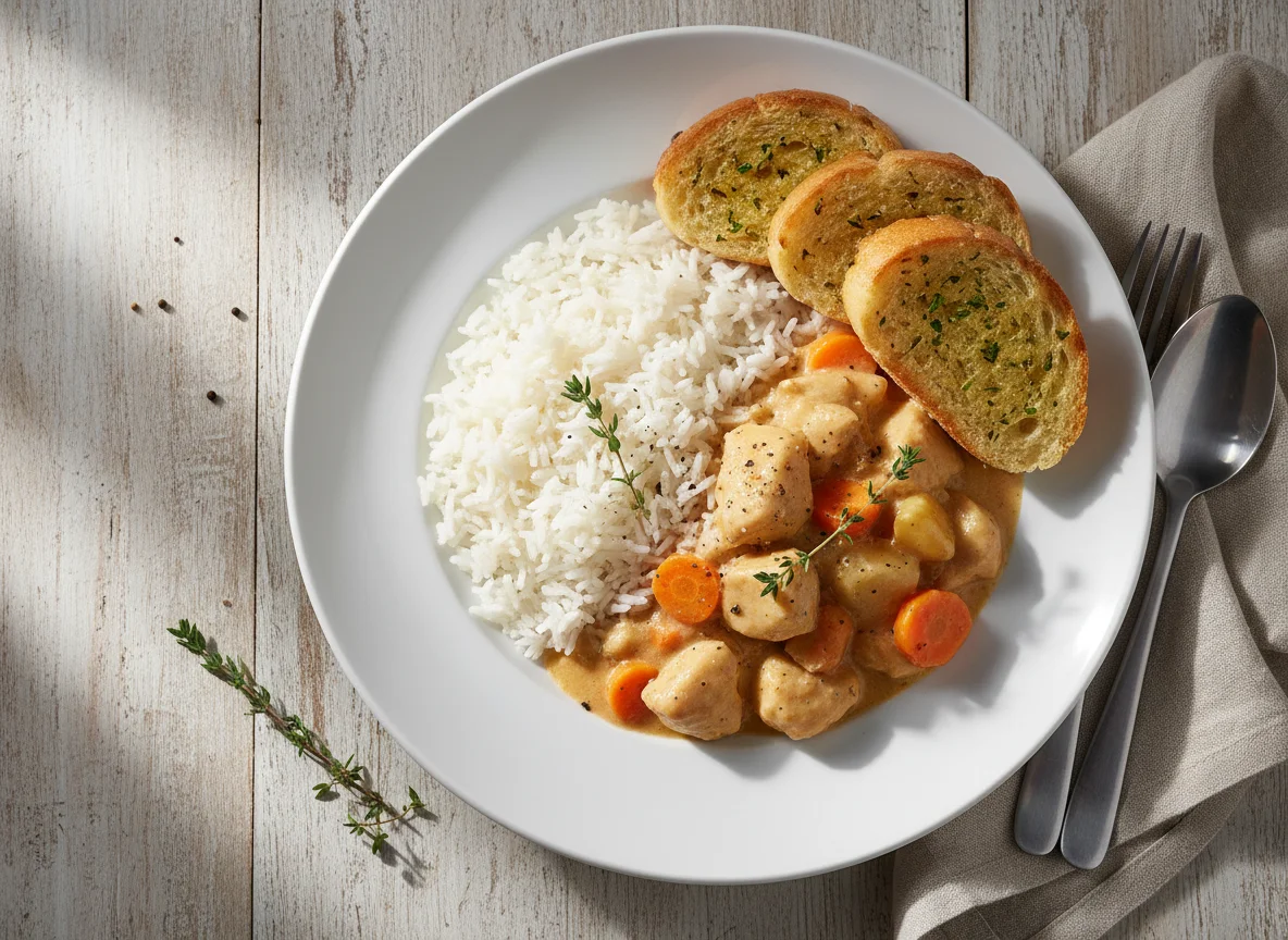 Chicken Stew with Rice and Garlic Bread photo