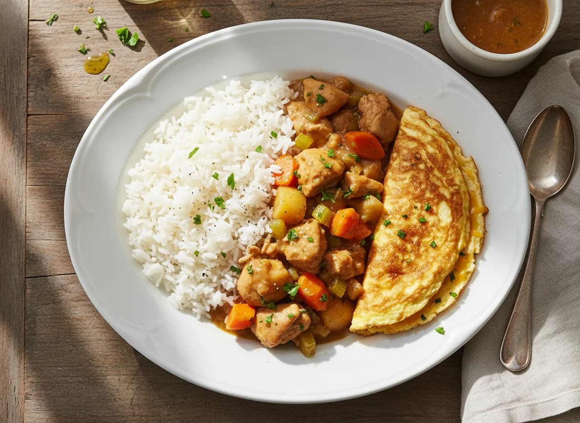 Chicken Stew with Rice and Omelette photo