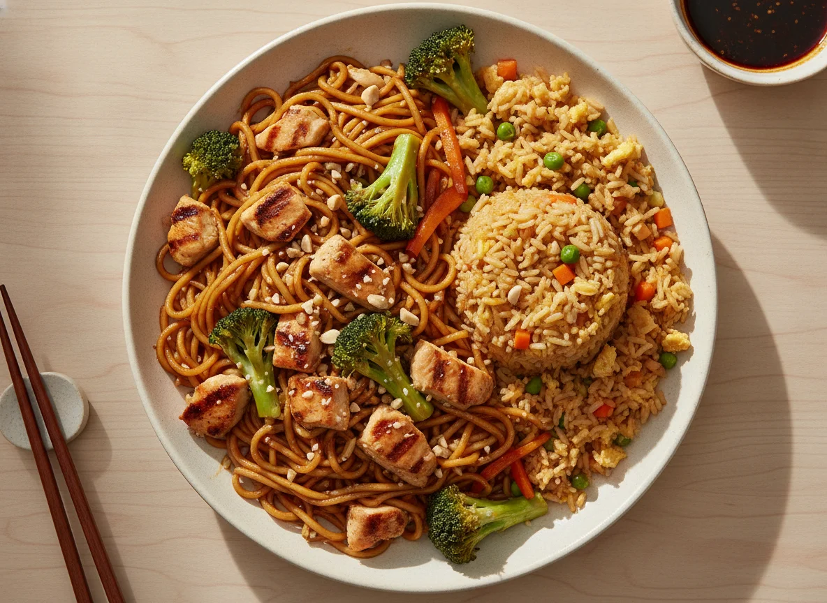 Chicken Stir Fry with Noodles and Fried Rice photo