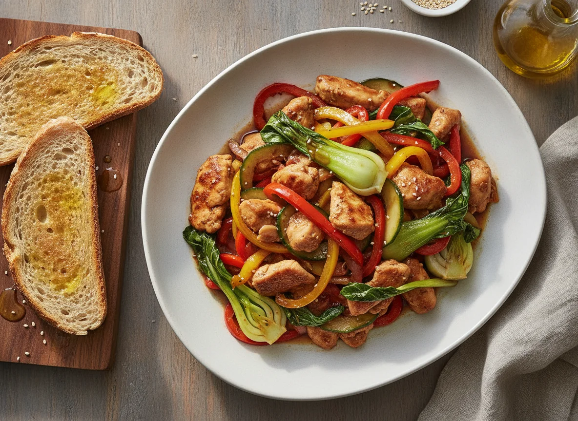 Chicken stir-fry with bell peppers and toasted bread photo