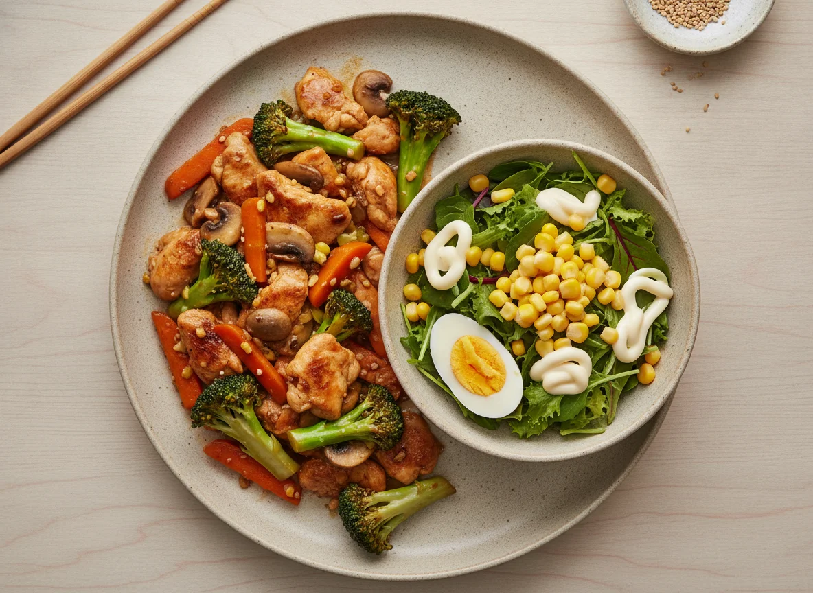 Chicken stir-fry with broccoli and a side salad with corn and egg photo