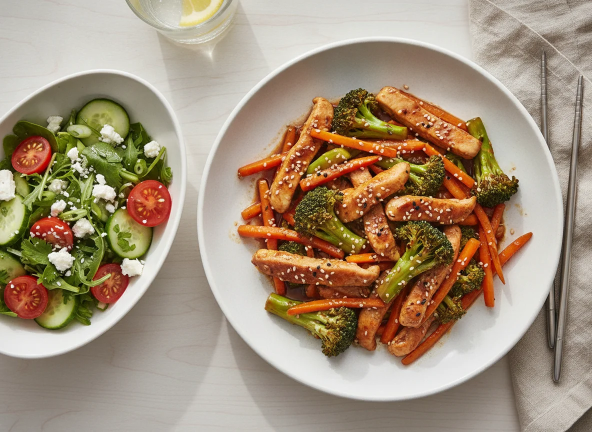 Chicken stir-fry with broccoli and a side salad with feta photo