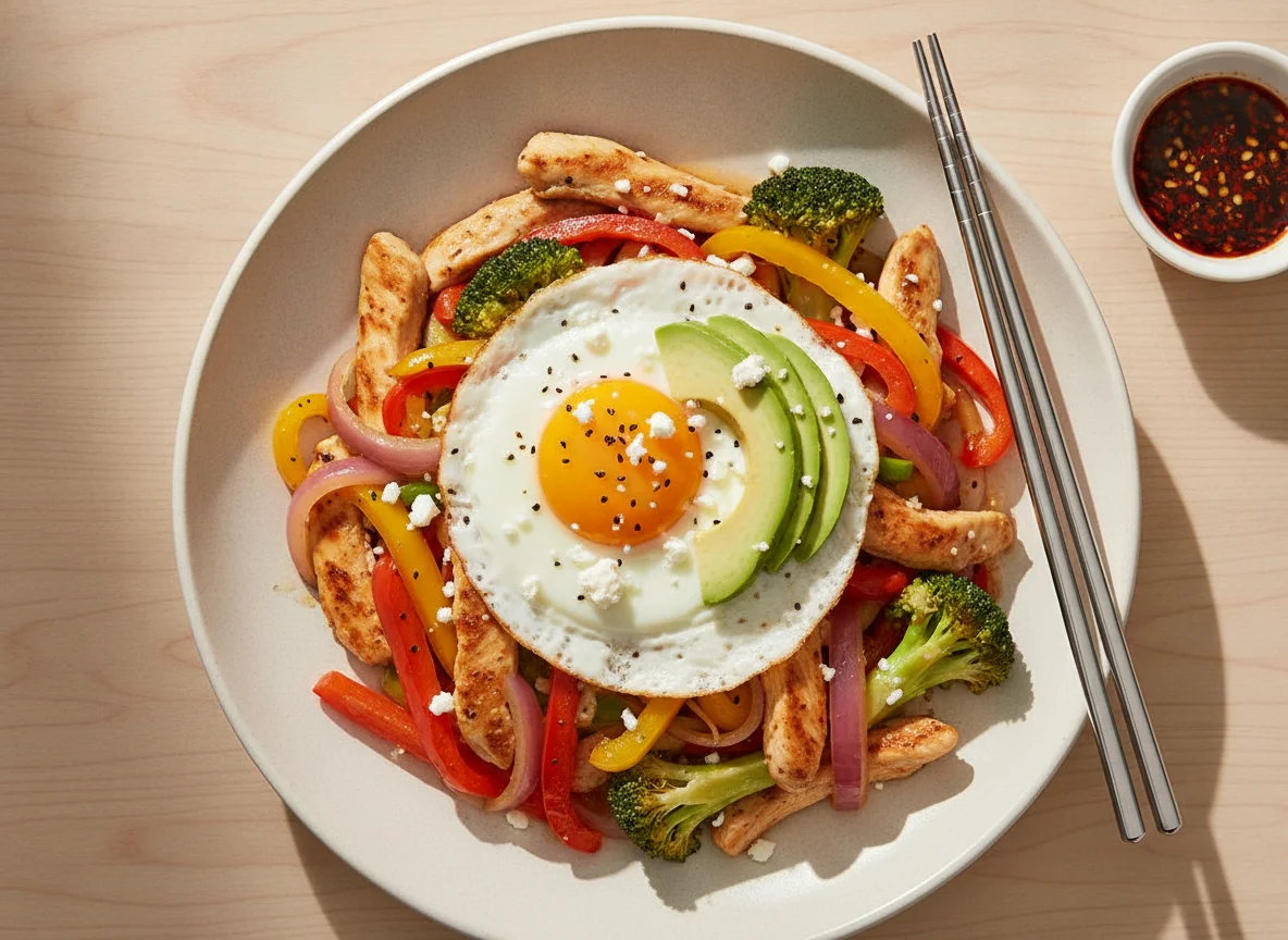 Chicken Stir-fry with Fried Egg and Avocado photo
