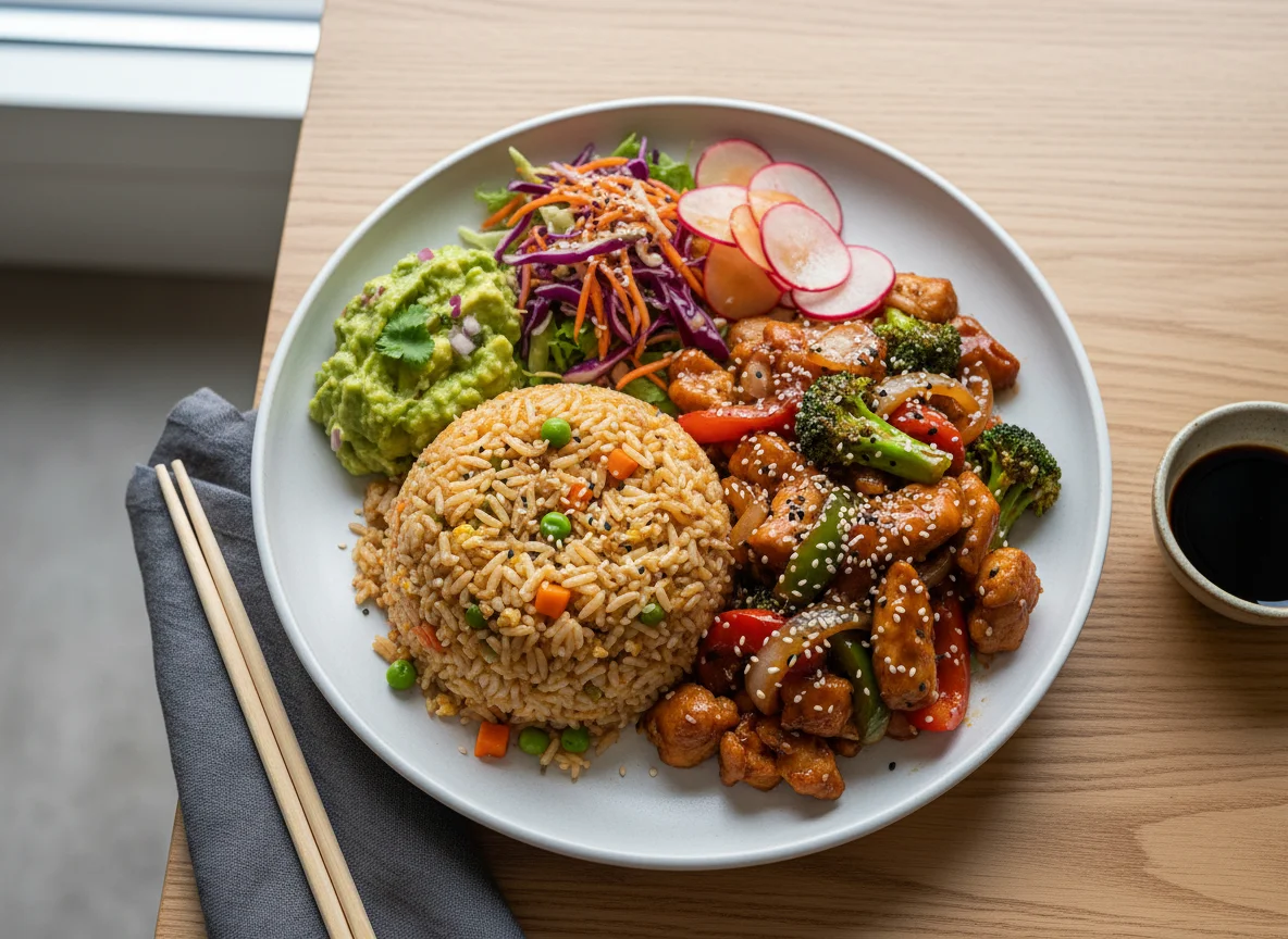 Chicken Stir-fry with Fried Rice and Guacamole photo