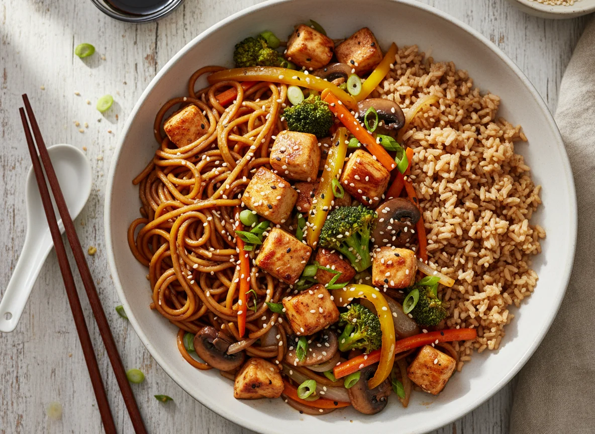 Chicken Stir-fry with Noodles and Brown Rice photo