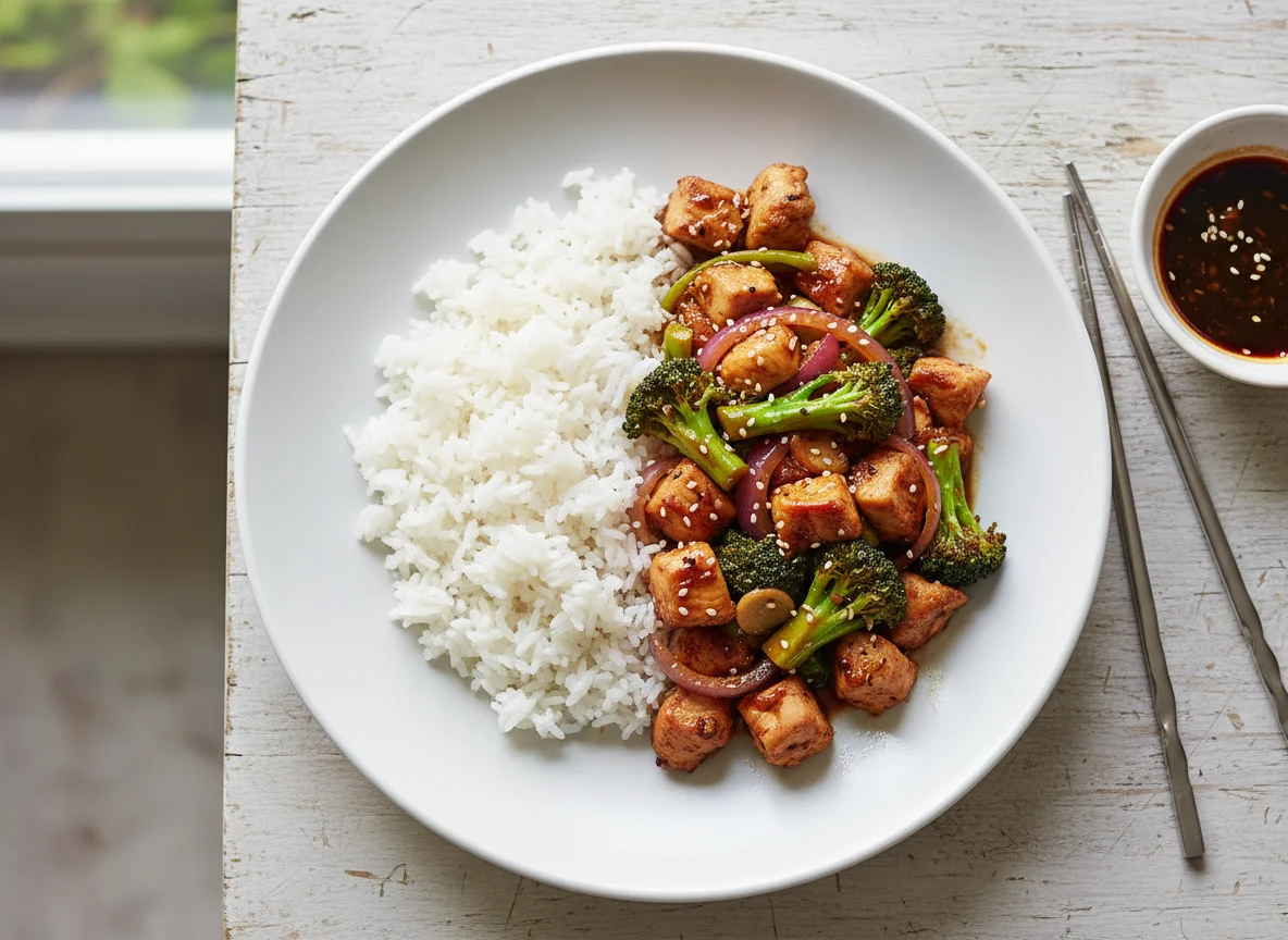 Chicken Stir-fry with Rice and Broccoli photo