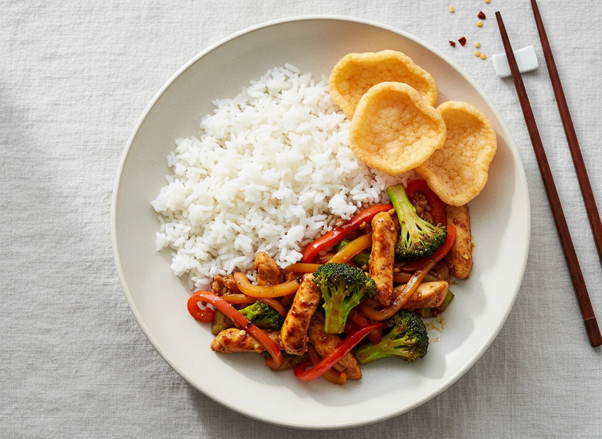 Chicken Stir-fry with Rice and Prawn Crackers photo