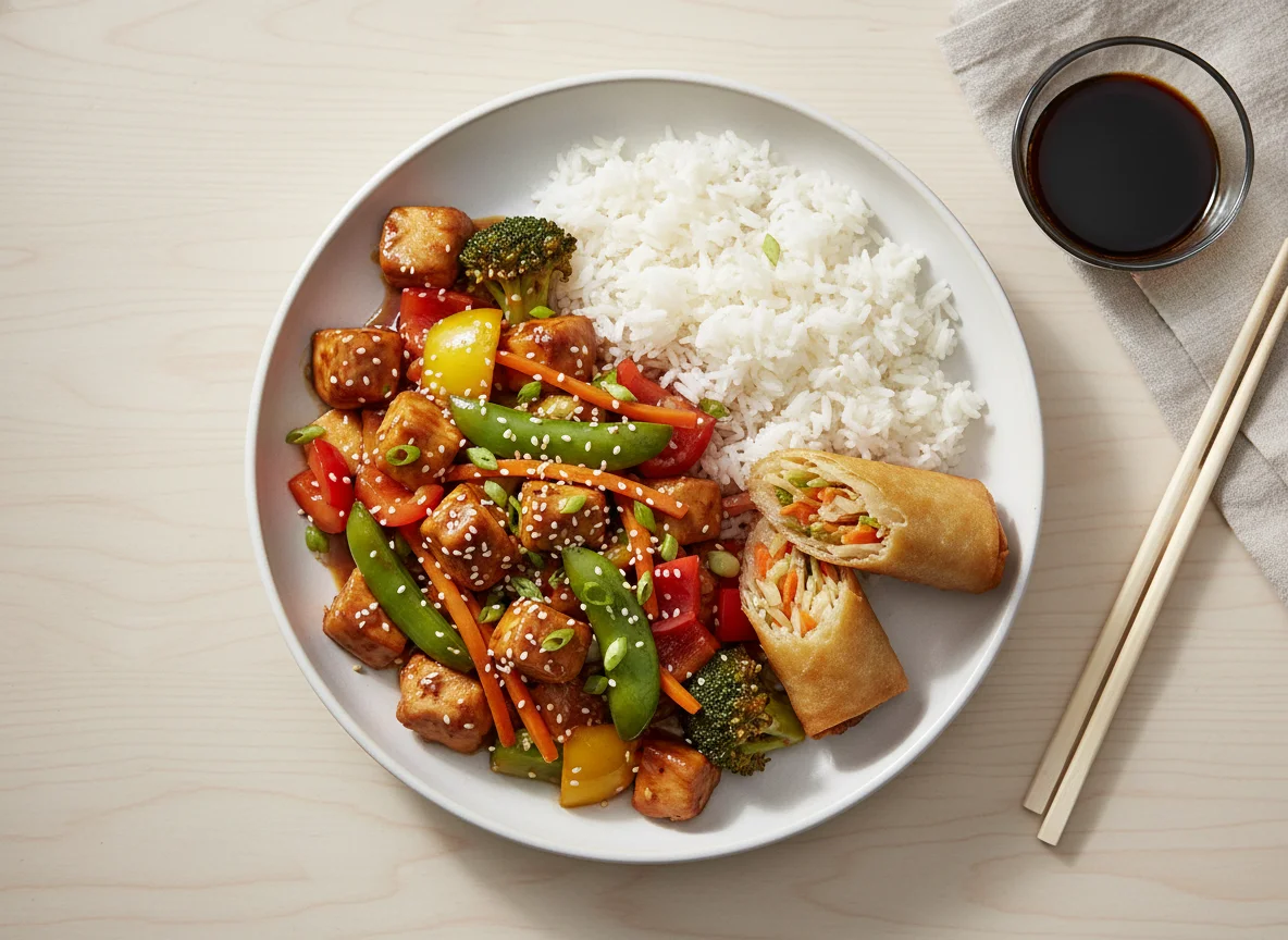 Chicken Stir-fry with Rice and Spring Roll photo