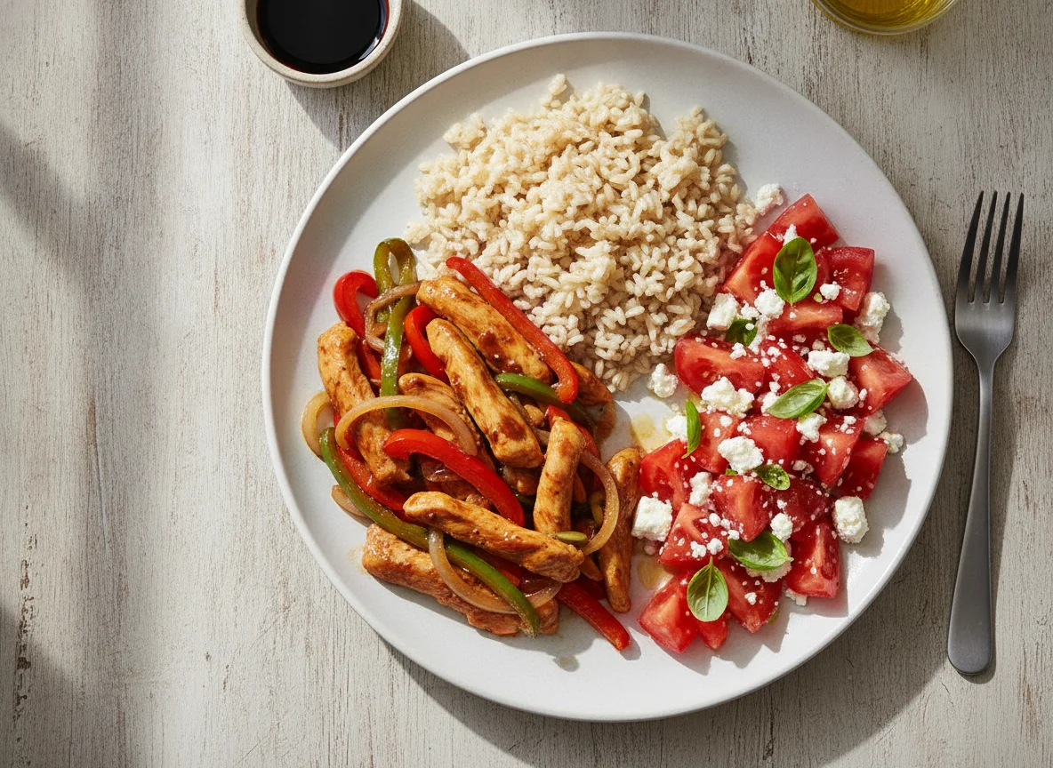 Chicken stir-fry with rice and tomato feta salad photo