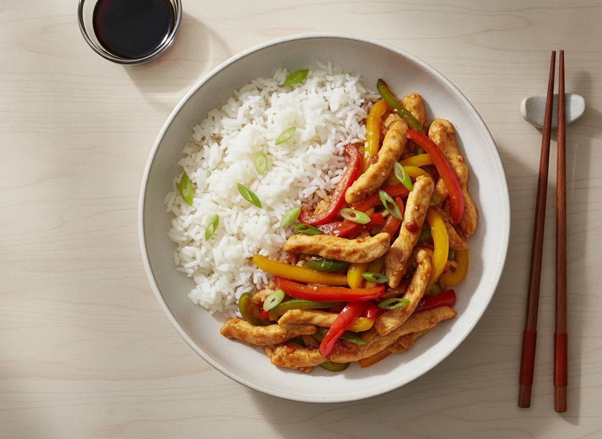 Chicken stir-fry with white rice photo