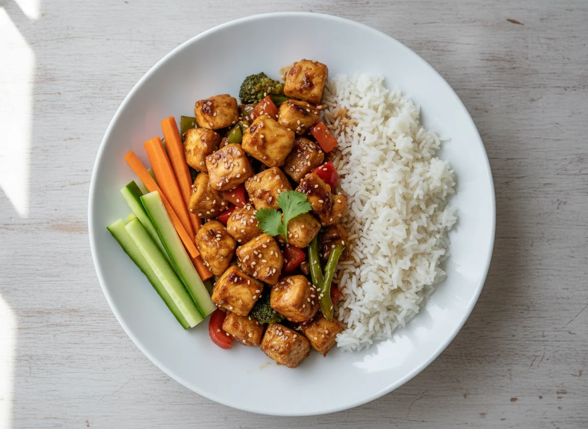 Chicken Stir-fry with White Rice and Fresh Vegetables photo